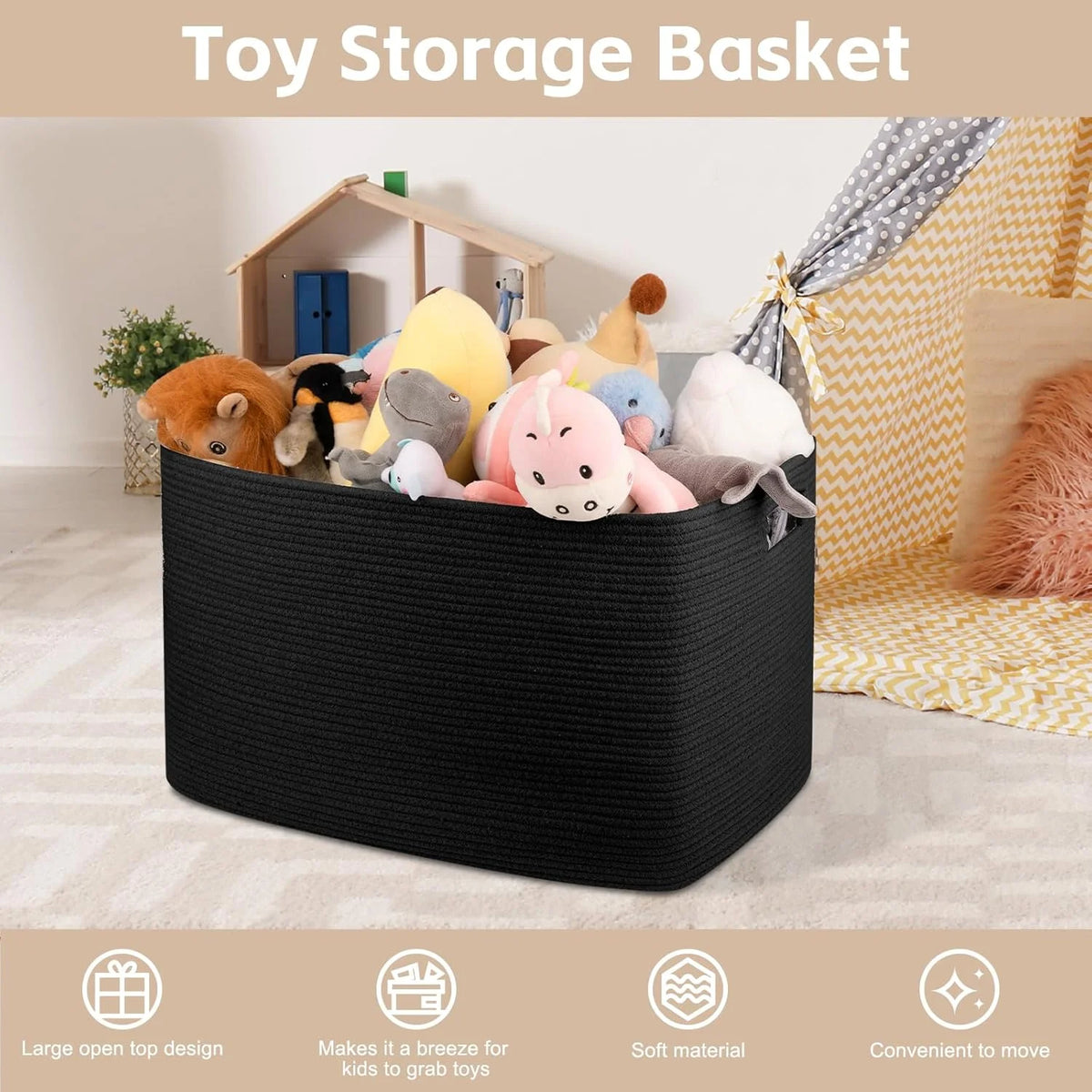 XXXLarge Cotton Rope Storage Basket, Oversized Blanket Basket, Black V9863