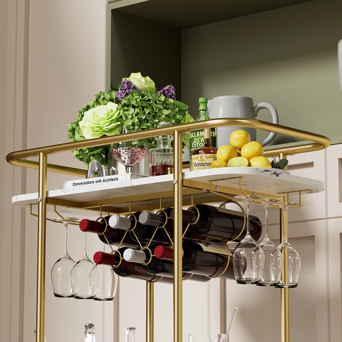 Gold Metal Rolling Wine Bar Cart with Rack and Glass Holders F116
