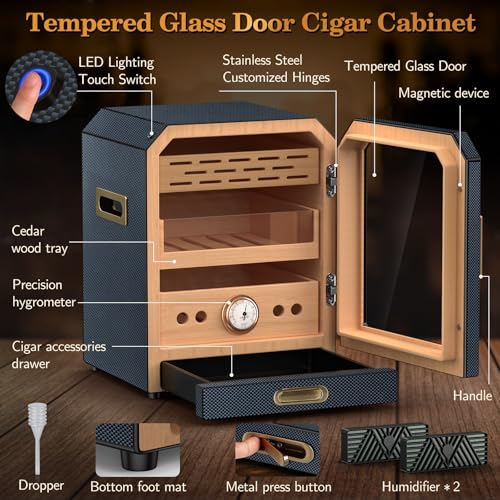Lighted Magnetic Door Desktop Cigar Humidor Cabinet with Drawer, 3 Layer, Brown P234853