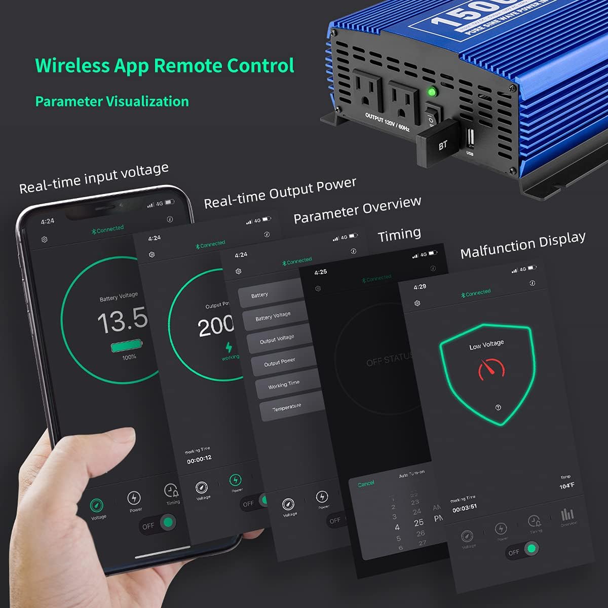 1500W Pure Sine Wave Power Inverter 12V DC to 110V AC with Bluetooth X239537