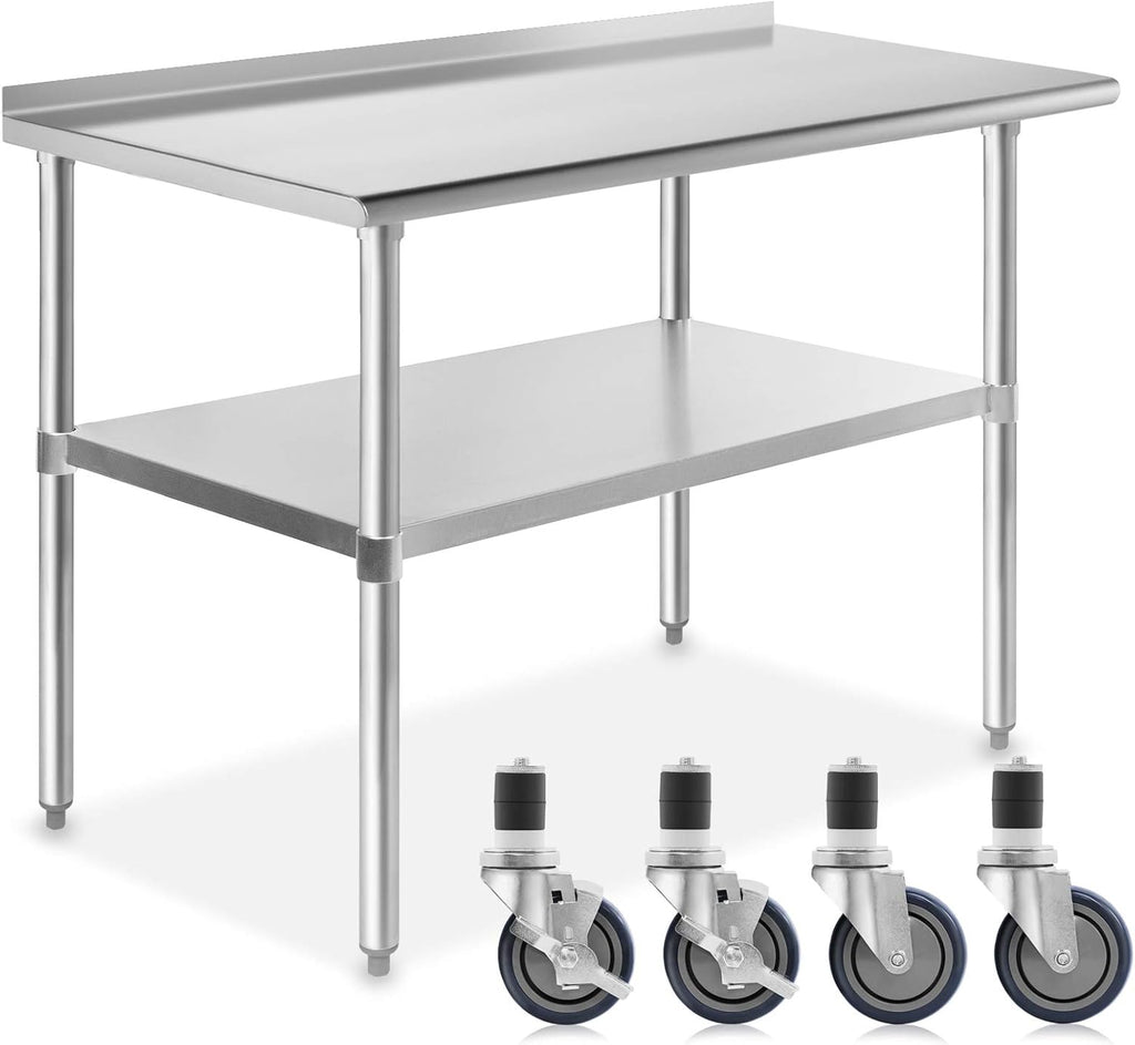 NSF Stainless Steel Commercial Kitchen Prep & Work Table with Backsplash and 4 Casters, 30 in. x 24 in. K125878