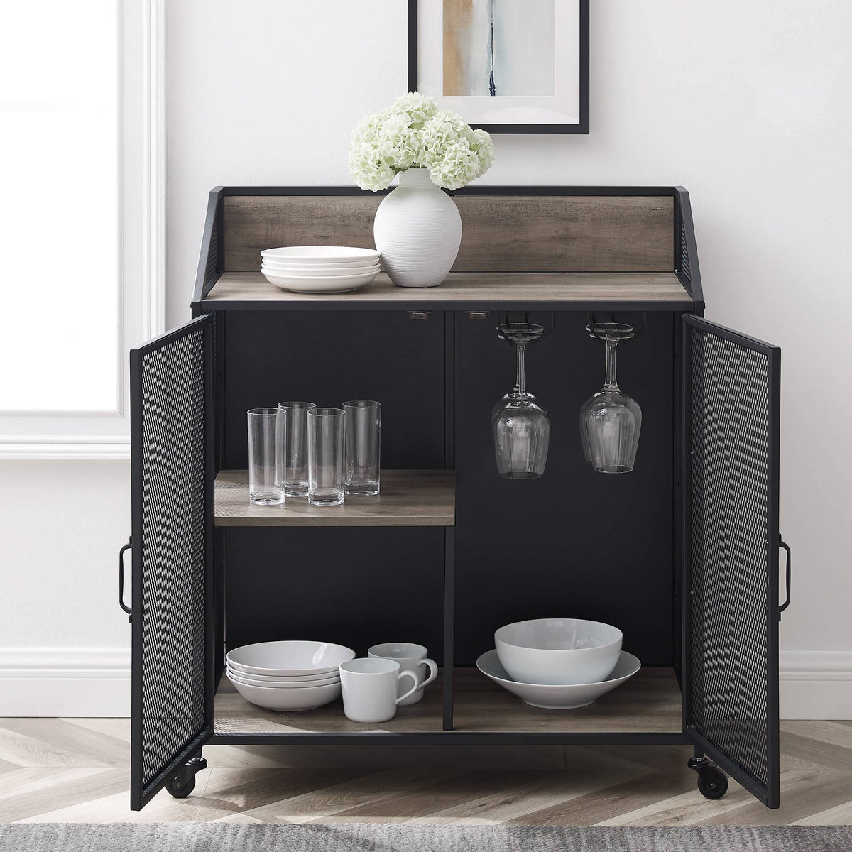 Industrial Metal Mesh Bar Cart on Wheels Gray Wash H5683