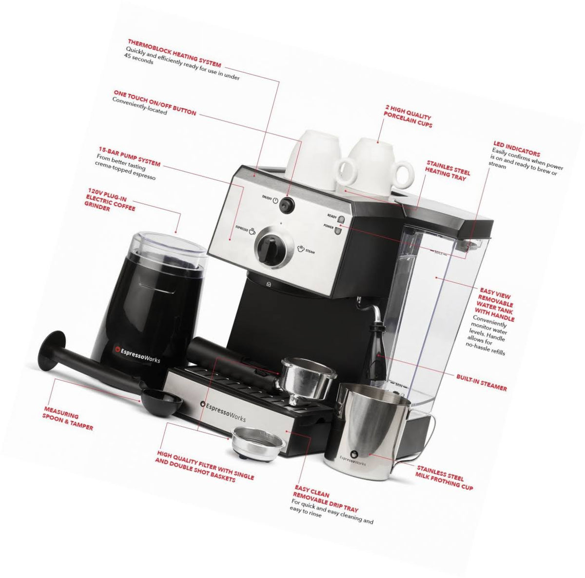 7 PC Espresso Machine and Cappuccino Maker with Built-in Steamer and Frother O5146