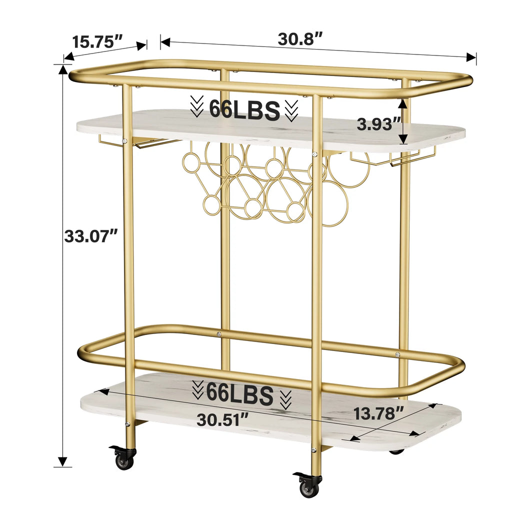 Gold Metal Rolling Wine Bar Cart with Rack and Glass Holders F116