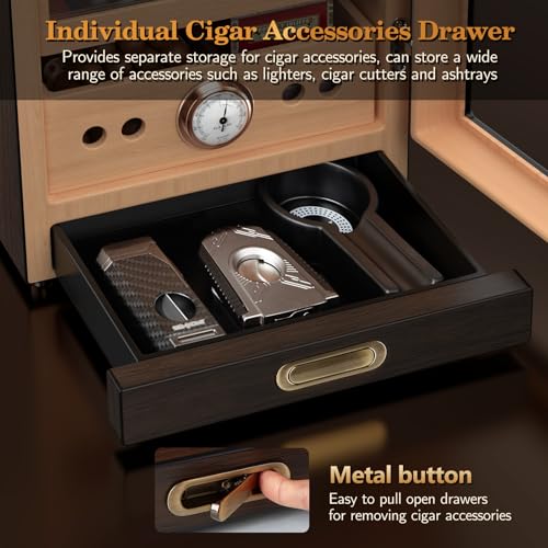 Lighted Magnetic Door Desktop Cigar Humidor Cabinet with Drawer, 3 Layer, Brown P234853