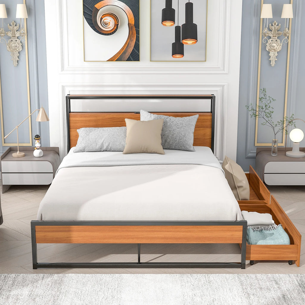 Black Queen Size Metal Platform Bed Frame with Wood Headboard and 2 Drawers Y1592