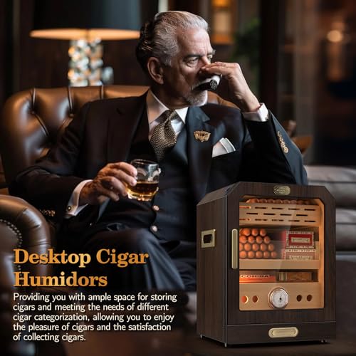 Lighted Magnetic Door Desktop Cigar Humidor Cabinet with Drawer, 3 Layer, Brown P234853