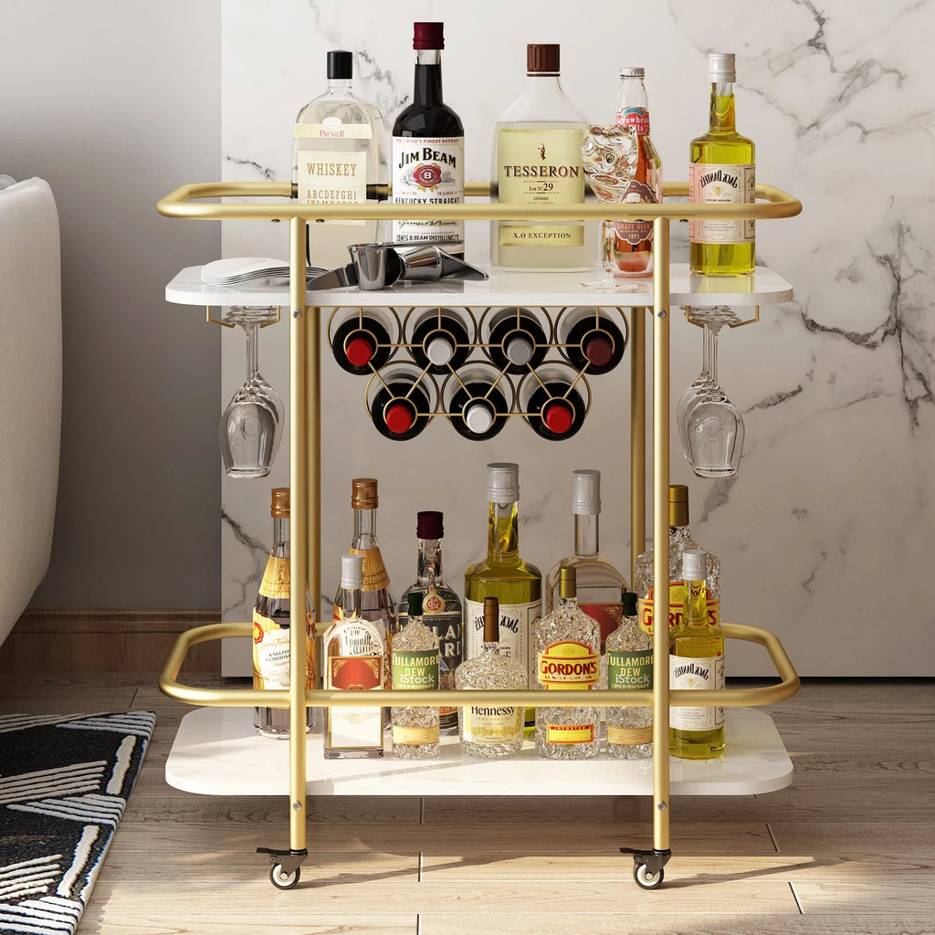 Gold Metal Rolling Wine Bar Cart with Rack and Glass Holders F116