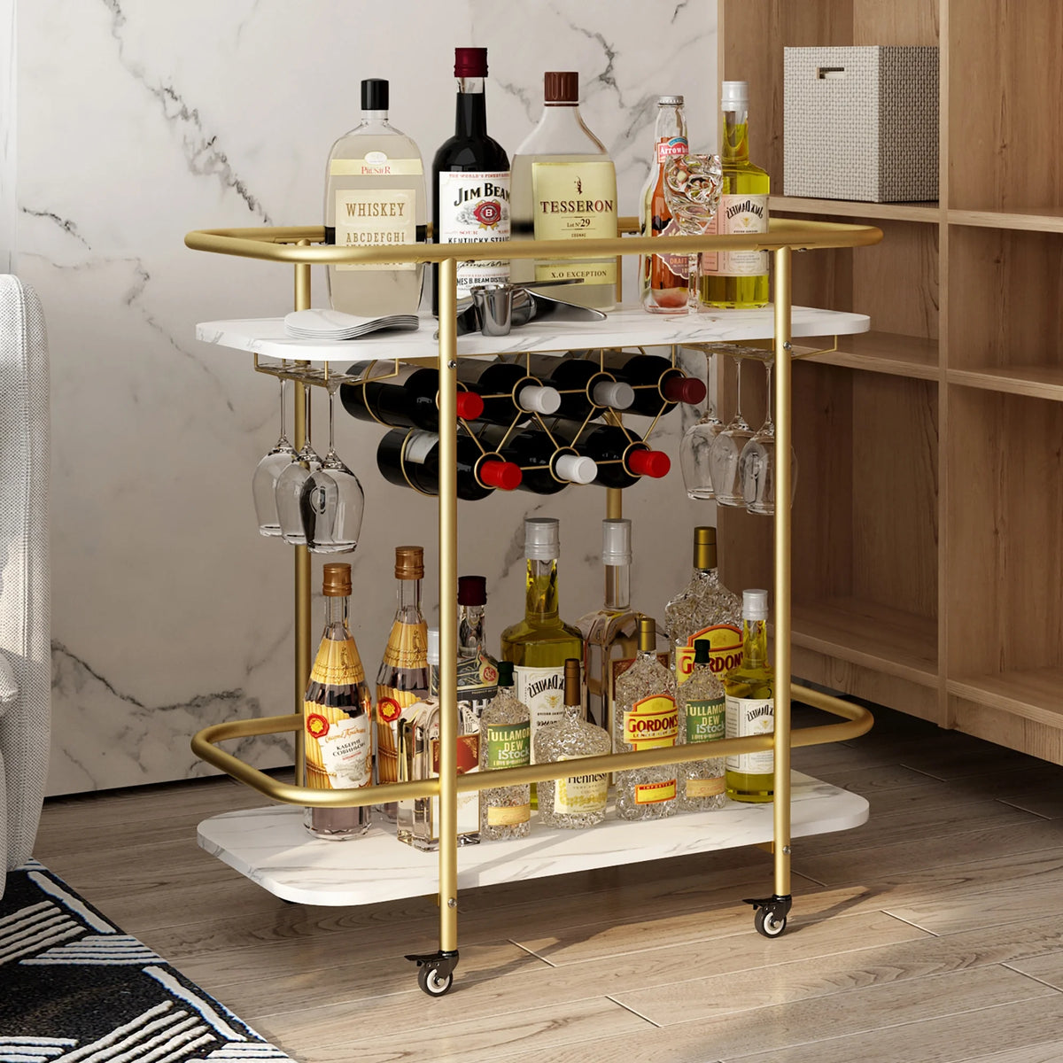 Gold Metal Rolling Wine Bar Cart with Rack and Glass Holders F116