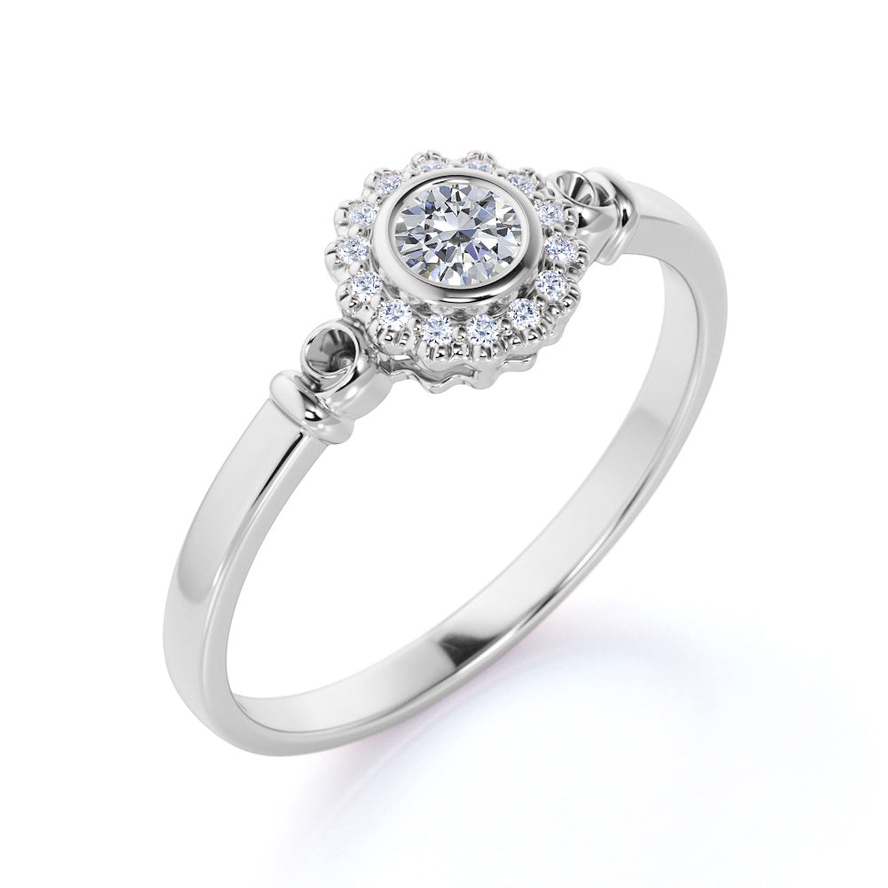 0.63 ct Bezel Set Round Cut Diamond Halo Engagement Ring in 10K White Gold F964809