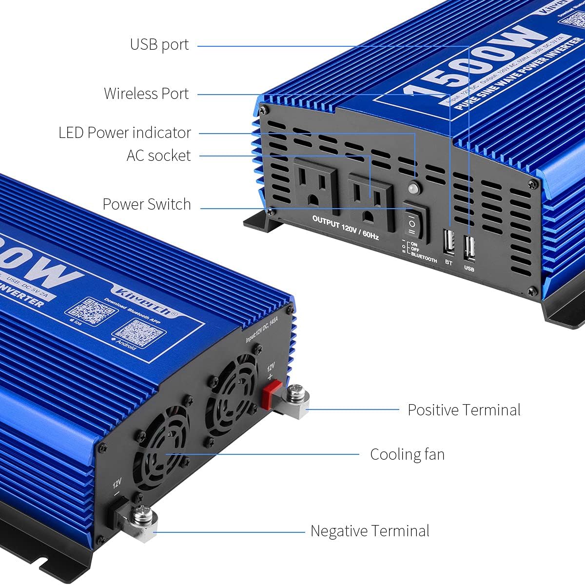1500W Pure Sine Wave Power Inverter 12V DC to 110V AC with Bluetooth X239537