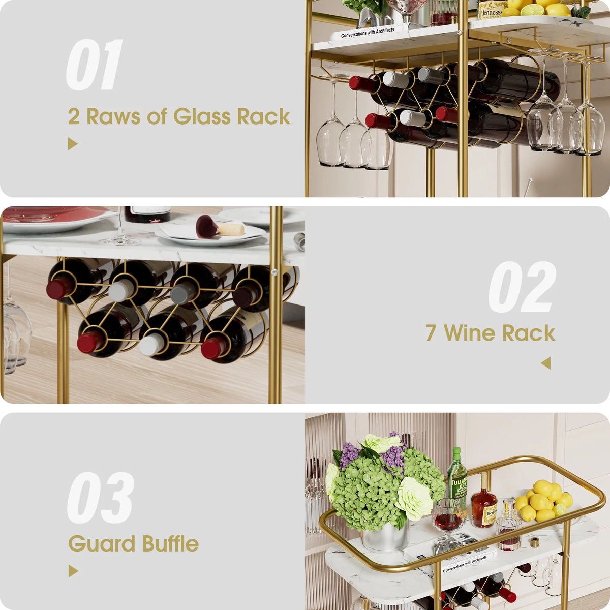 Gold Metal Rolling Wine Bar Cart with Rack and Glass Holders F116