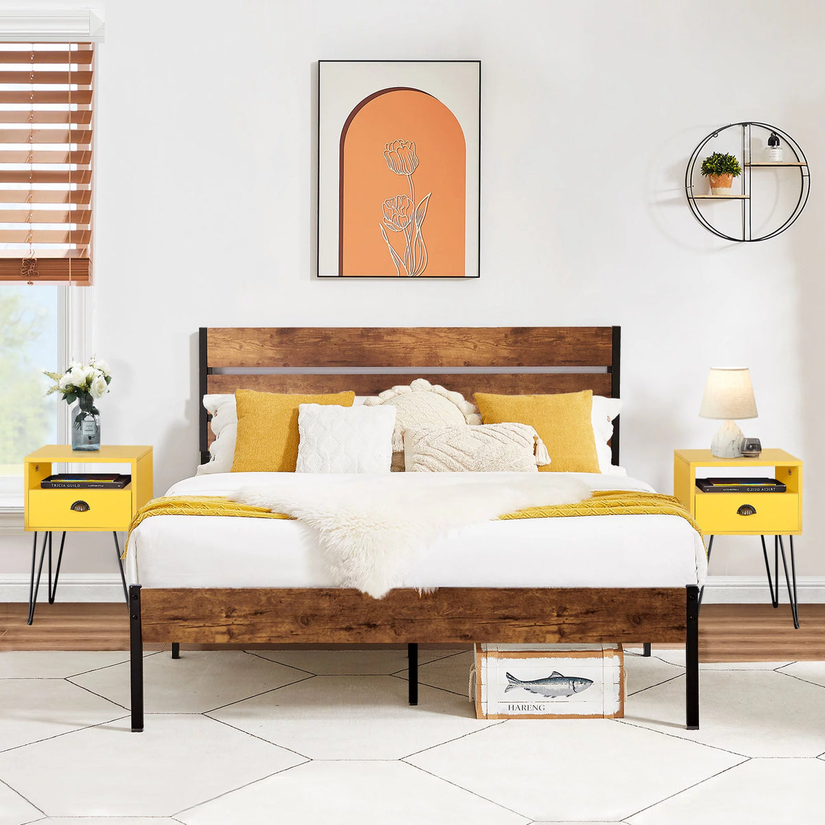 3-Piece Bedroom Set Metal Bed Frame with Wooden Headboard and 2 Nightstand Full Size M59039