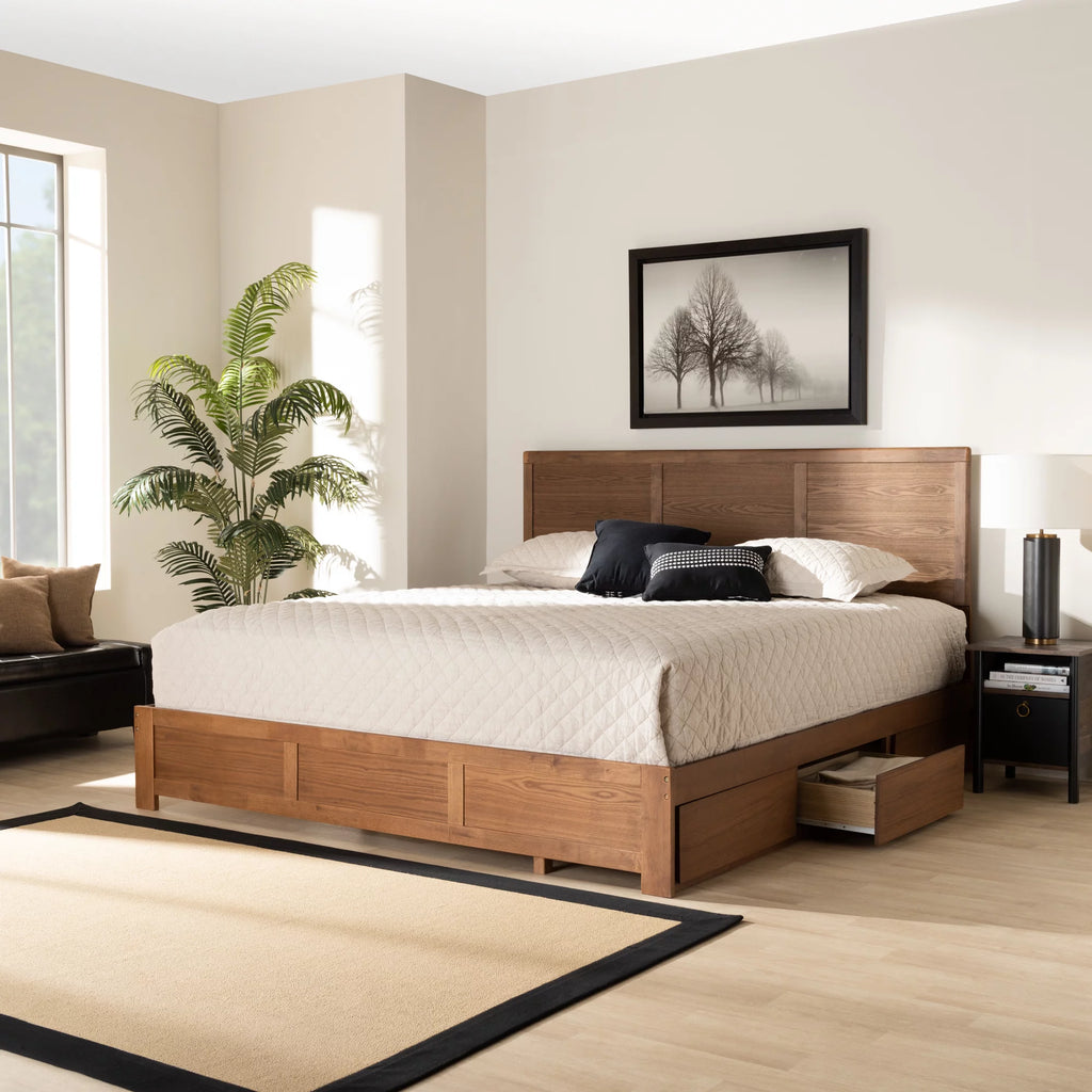 King Ash Walnut Wood Storage Platform Bed F591