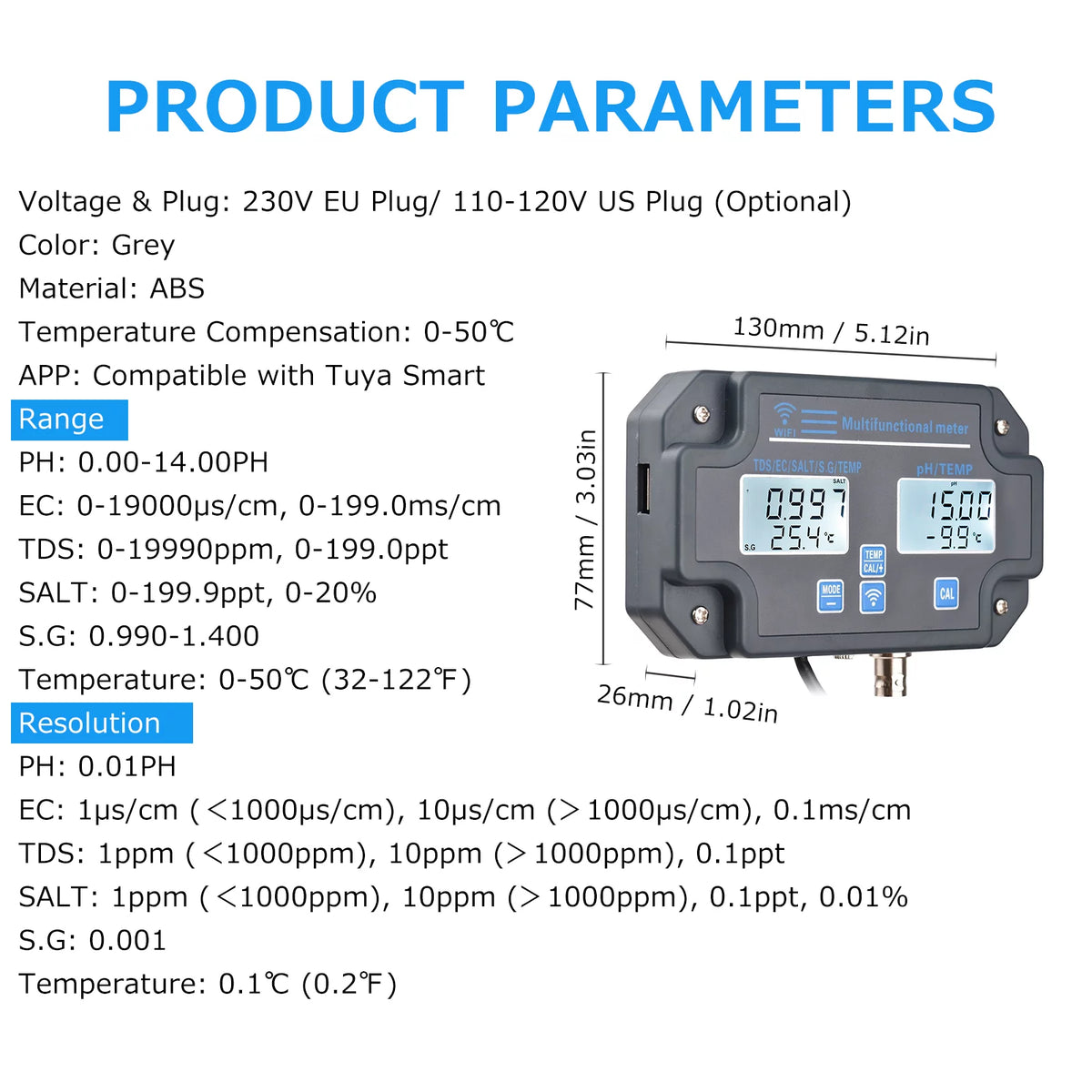 Wifi Digital Water Quality Tester 6 in 1 PH EC SALT S.G Temperature T615852
