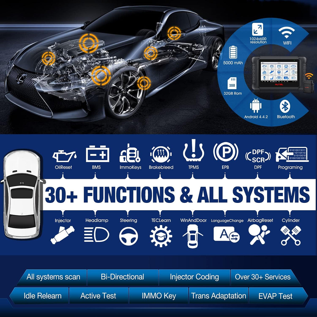 Autel Scanner MaxiPRO MP808BT PRO, OBD2 Bi-Directional Control Scan Tool with Bonus Adaptor Kit, Full Diagnostics, 31+ Services A893847