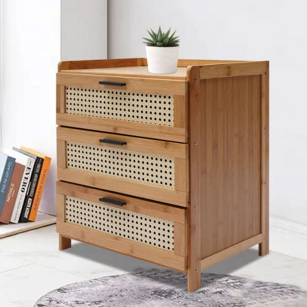 Bamboo Bedside Table with 3 Sliding Drawer P682206