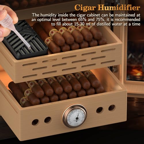 Lighted Magnetic Door Desktop Cigar Humidor Cabinet with Drawer, 3 Layer, Brown P234853