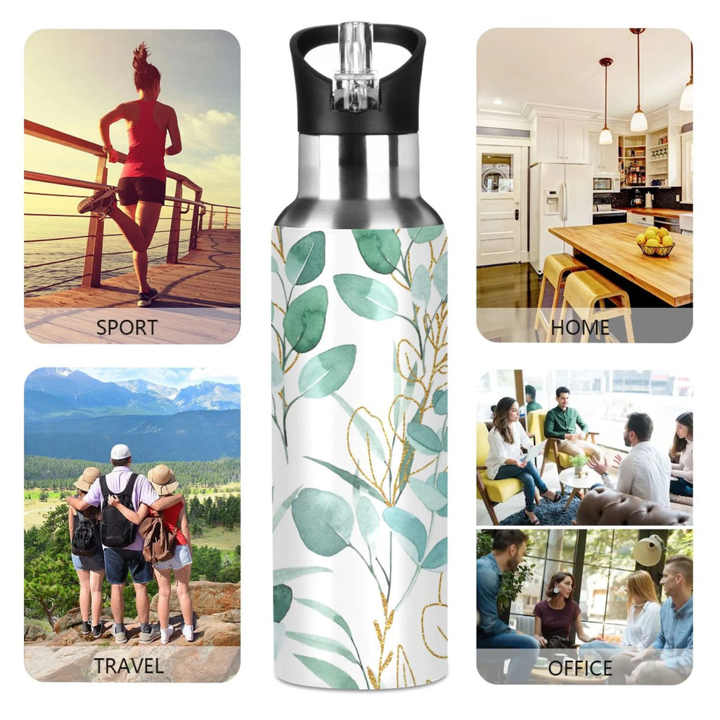 Green and Gold Eucalyptus Leaves Stainless Steel Water Bottle with Straw Lid 20 OZ A94696