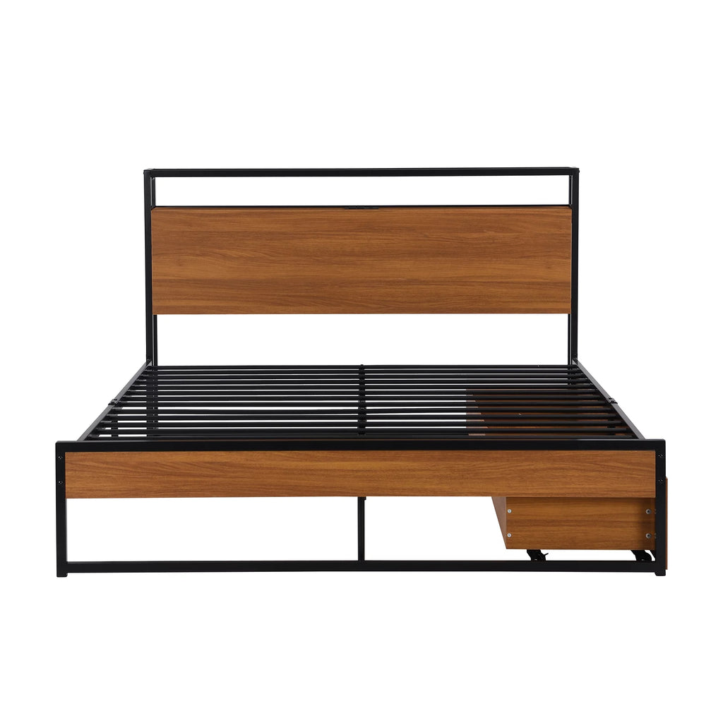 Black Queen Size Metal Platform Bed Frame with Wood Headboard and 2 Drawers Y1592