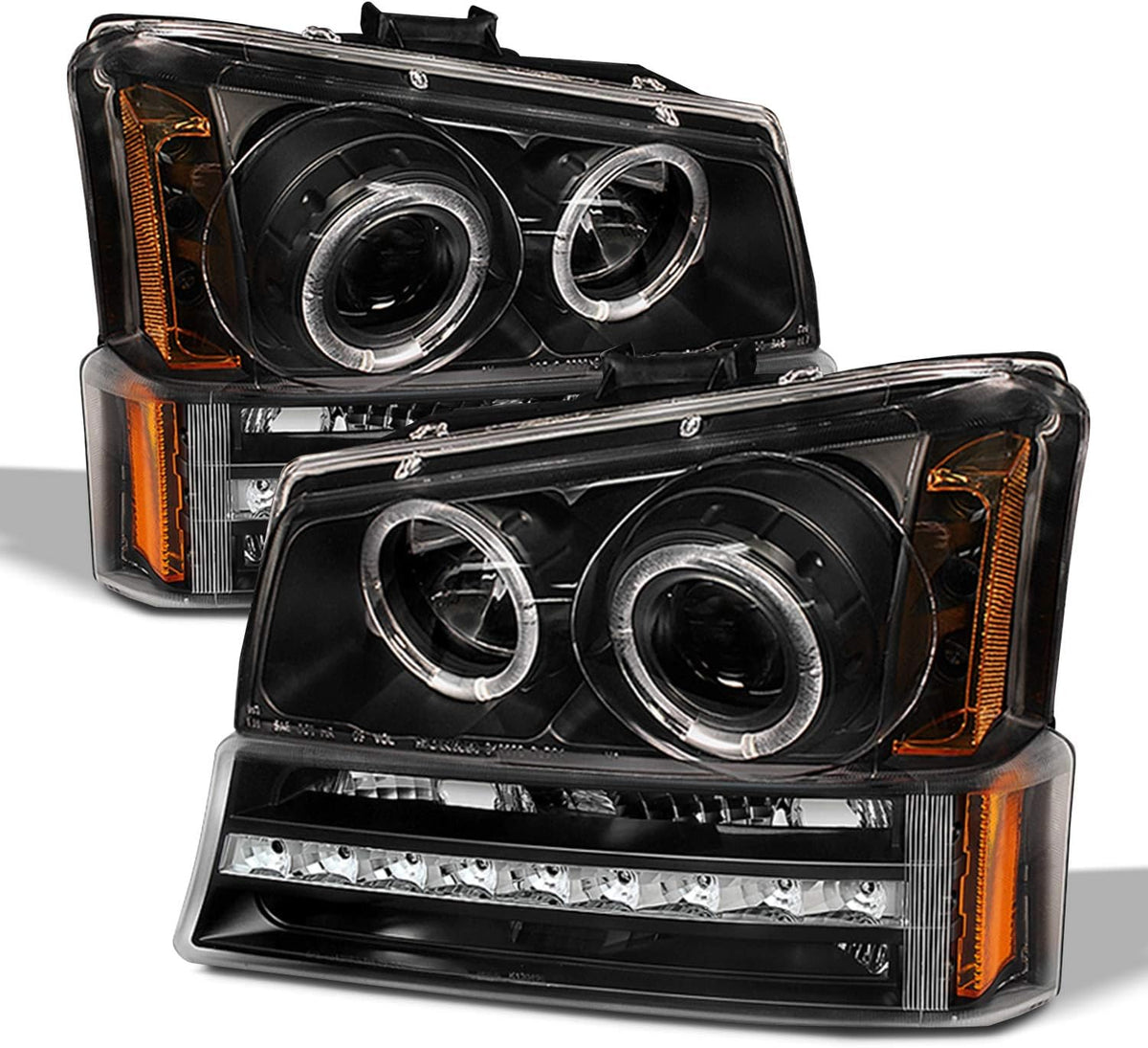 Black Housing Dual Halo Projector Headlights with LED Bumper Signal Lamps D9172