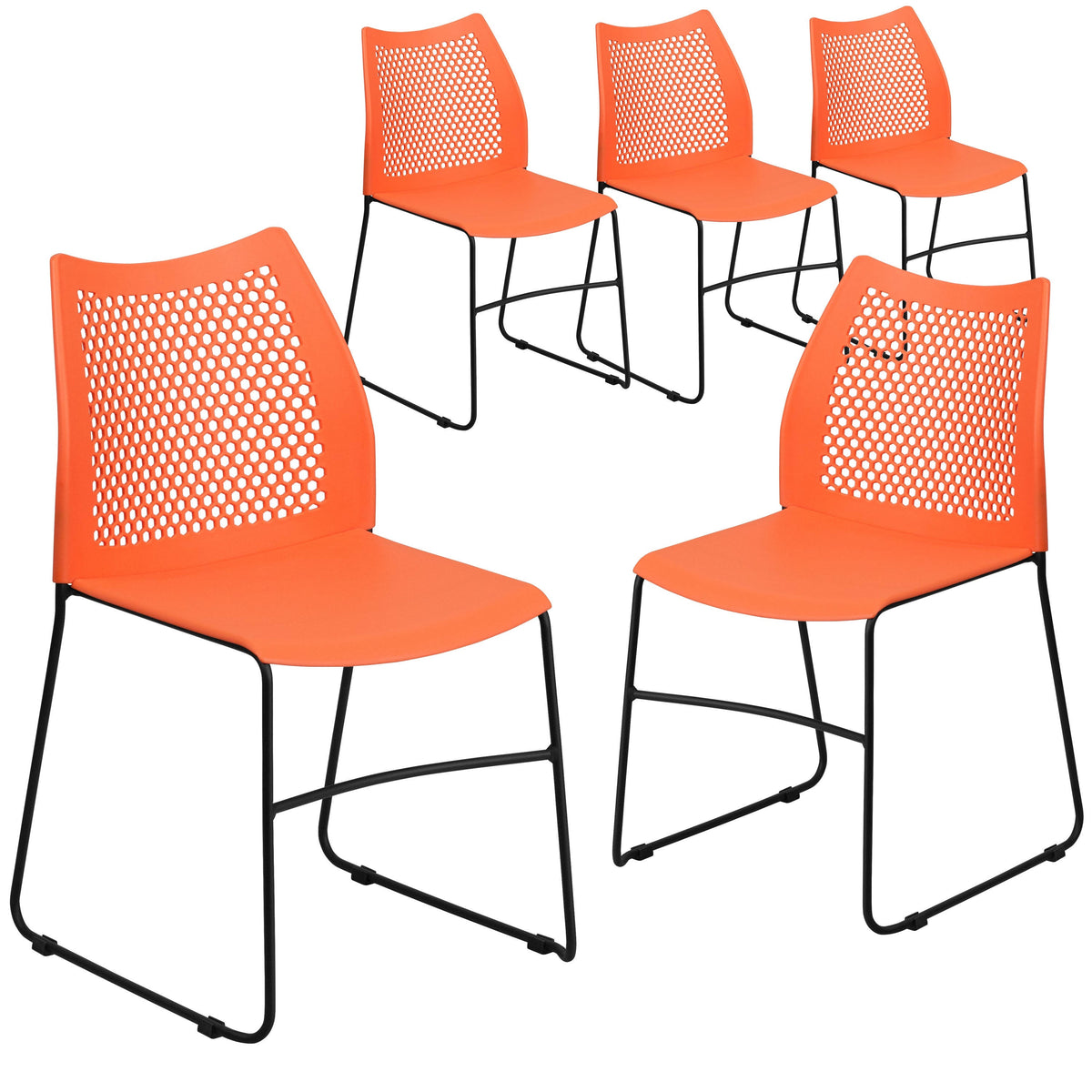 5 Pack 661 lb. Capacity Stack Chair with Air-Vent Back and Sled Base Orange S744