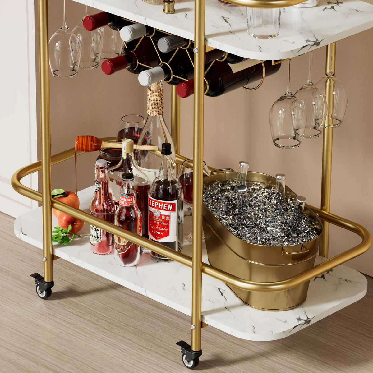 Gold Metal Rolling Wine Bar Cart with Rack and Glass Holders F116