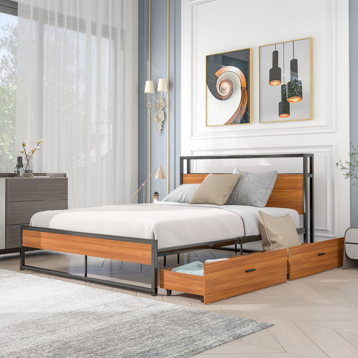 Black Queen Size Metal Platform Bed Frame with Wood Headboard and 2 Drawers Y1592