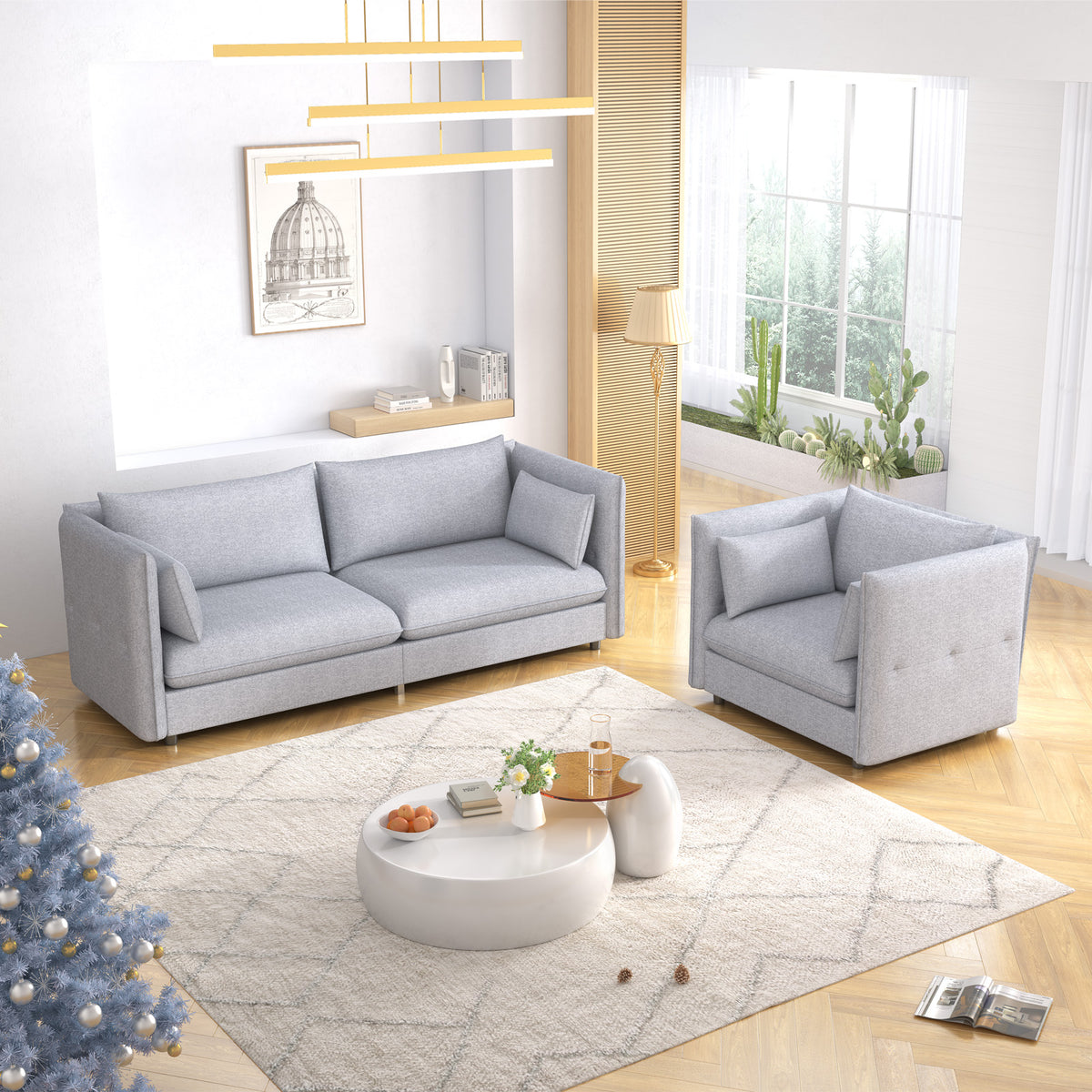 Light Grey Linen Fleece 2 Pieces Sofa Set C617250