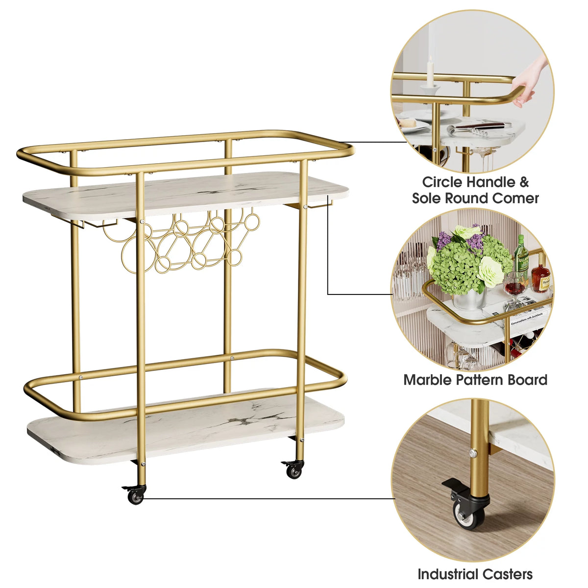 Gold Metal Rolling Wine Bar Cart with Rack and Glass Holders F116