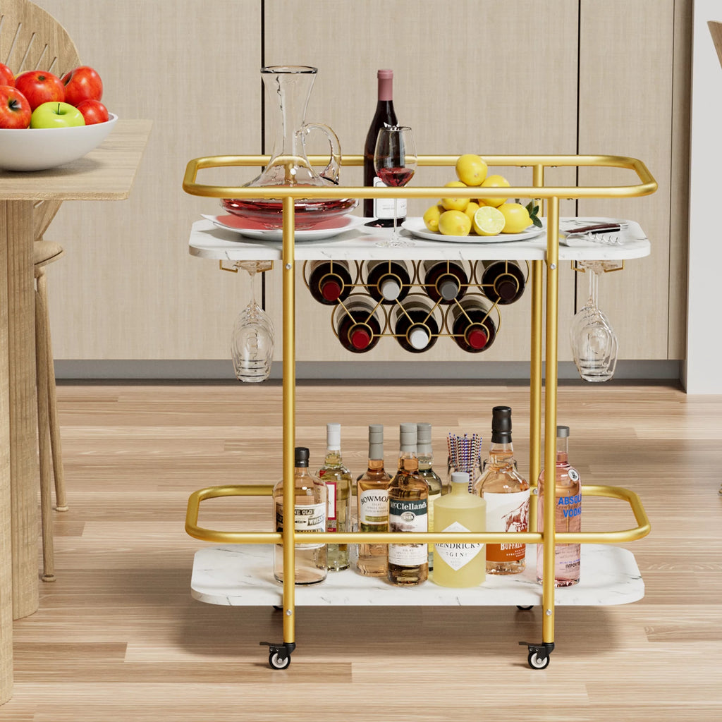 Gold Metal Rolling Wine Bar Cart with Rack and Glass Holders F116