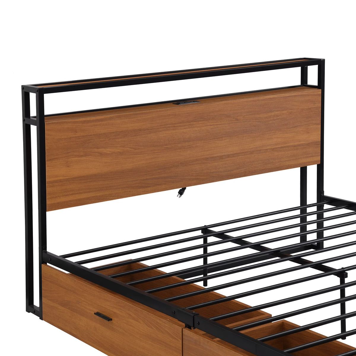Black Queen Size Metal Platform Bed Frame with Wood Headboard and 2 Drawers Y1592