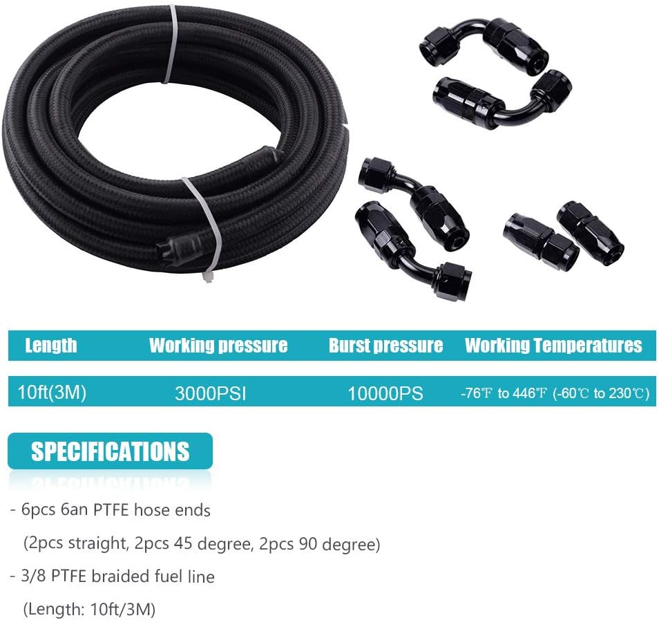 10FT 6 AN 3/8" Nylon Stainless Steel Braided PTFE E85 Fuel Line Fittings Kit with 6PCS Swivel Adapters Pack of 2 C93636