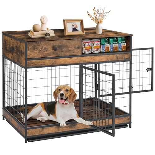 Rustic Brown 31.5 Inch Wooden Dog Crate with Storage Drawer Q4847