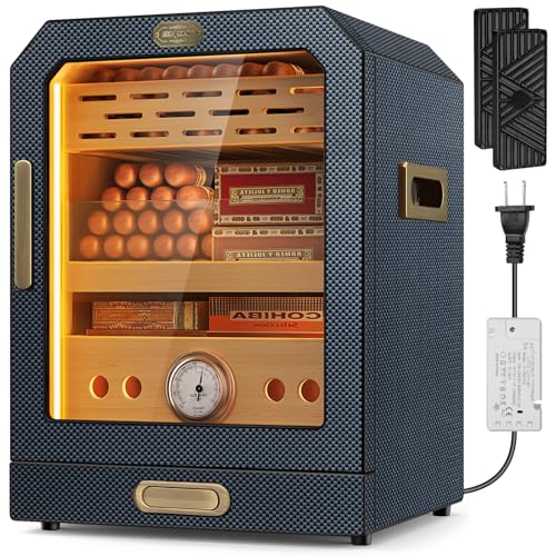 Lighted Magnetic Door Desktop Cigar Humidor Cabinet with Drawer, 3 Layer, Brown P234853