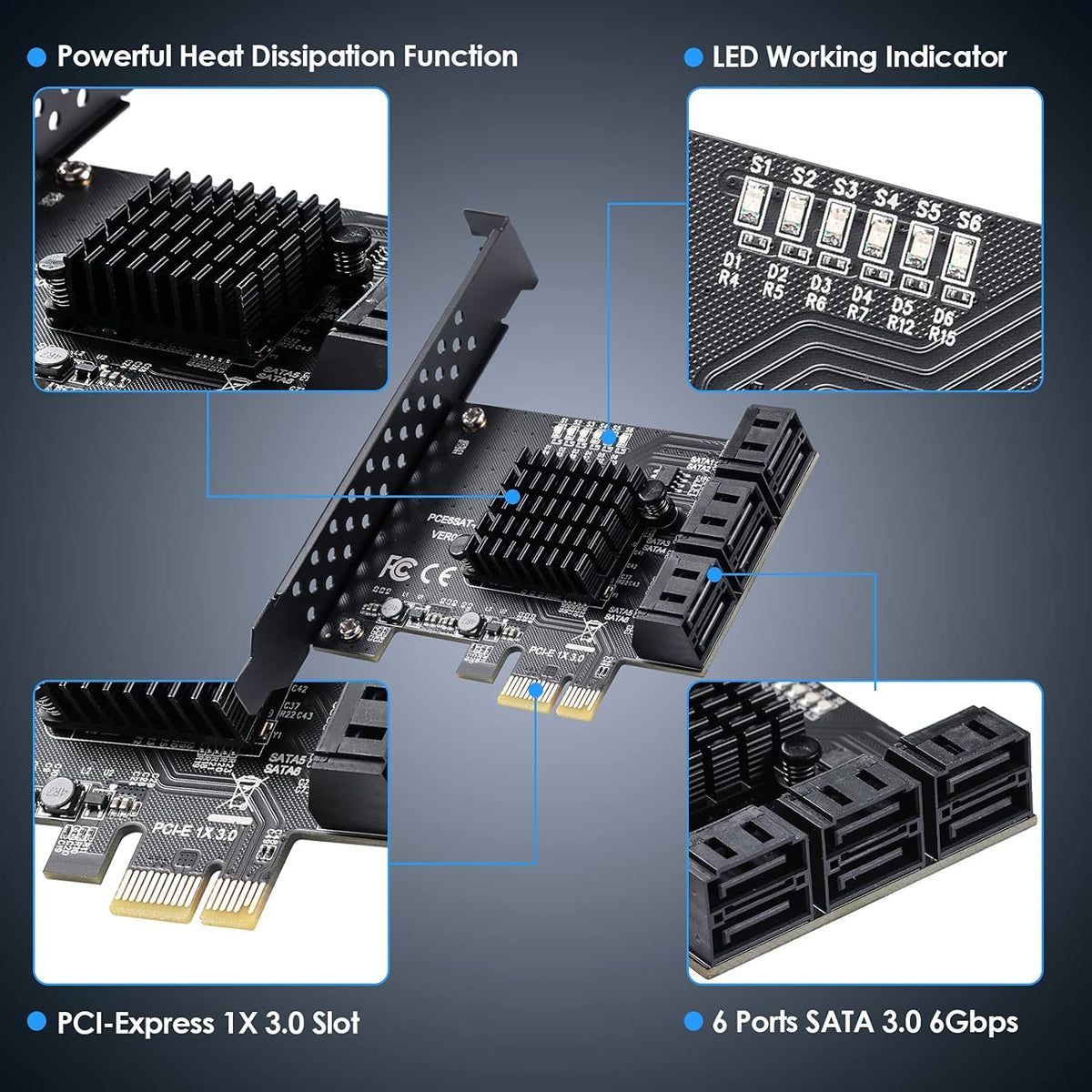 PCIe SATA Card 6 Ports 6 Gbps SATA 3.0 Expansion Card with 6 SATA Cables J374909