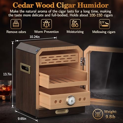 Lighted Magnetic Door Desktop Cigar Humidor Cabinet with Drawer, 3 Layer, Brown P234853