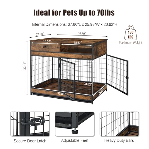 Rustic Brown 31.5 Inch Wooden Dog Crate with Storage Drawer Q4847