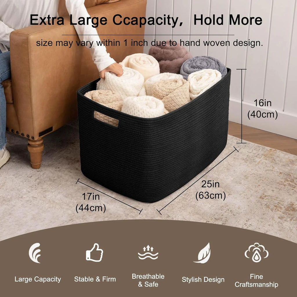 XXXLarge Cotton Rope Storage Basket, Oversized Blanket Basket, Black V9863