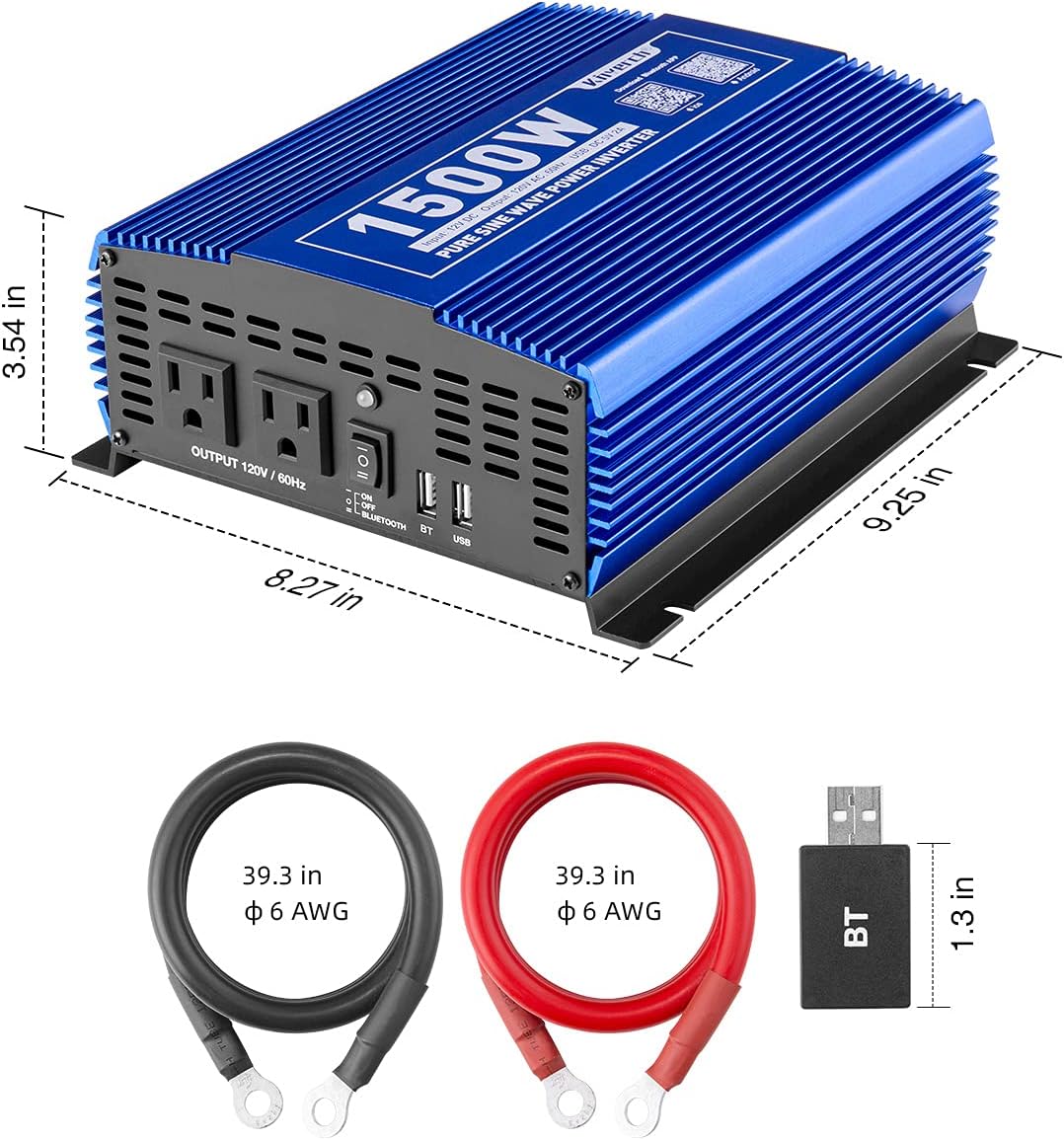 1500W Pure Sine Wave Power Inverter 12V DC to 110V AC with Bluetooth X239537