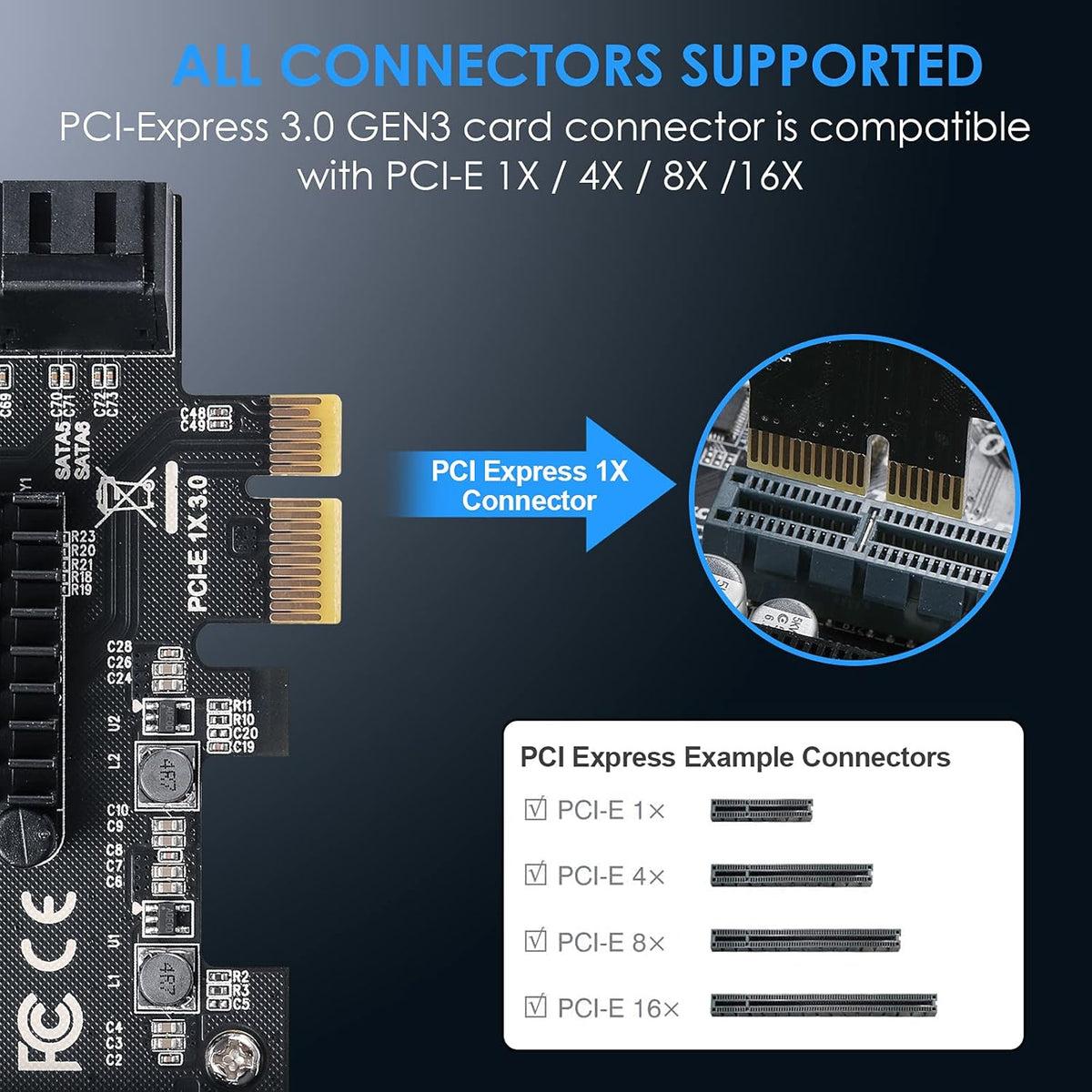 PCIe SATA Card 6 Ports 6 Gbps SATA 3.0 Expansion Card with 6 SATA Cables J374909