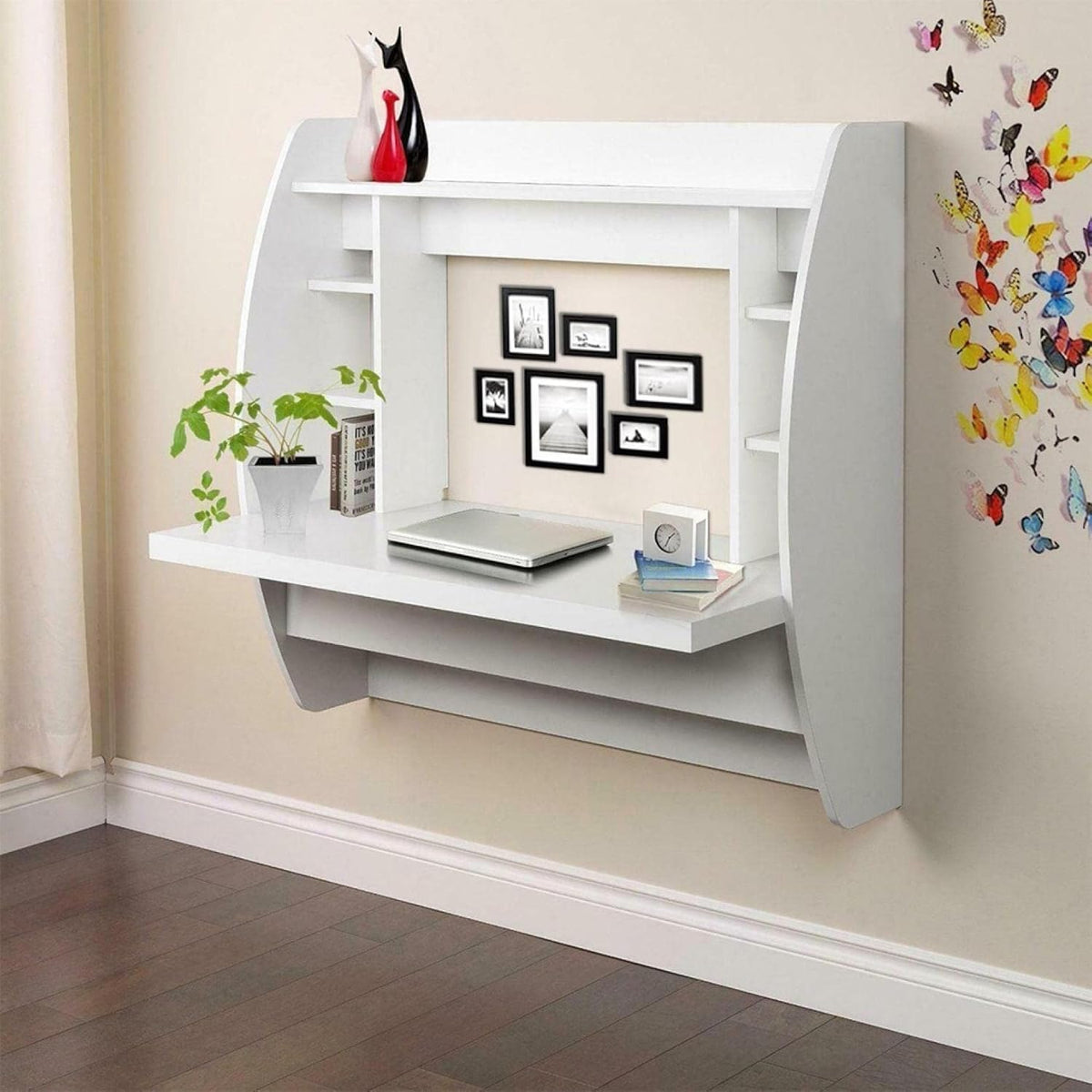 White Wall Mounted Floating Computer Desk with Storage Shelves X34529