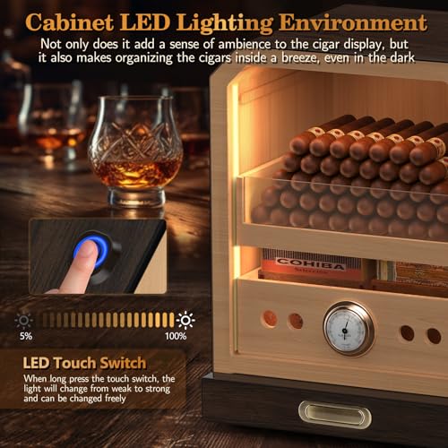 Lighted Magnetic Door Desktop Cigar Humidor Cabinet with Drawer, 3 Layer, Brown P234853