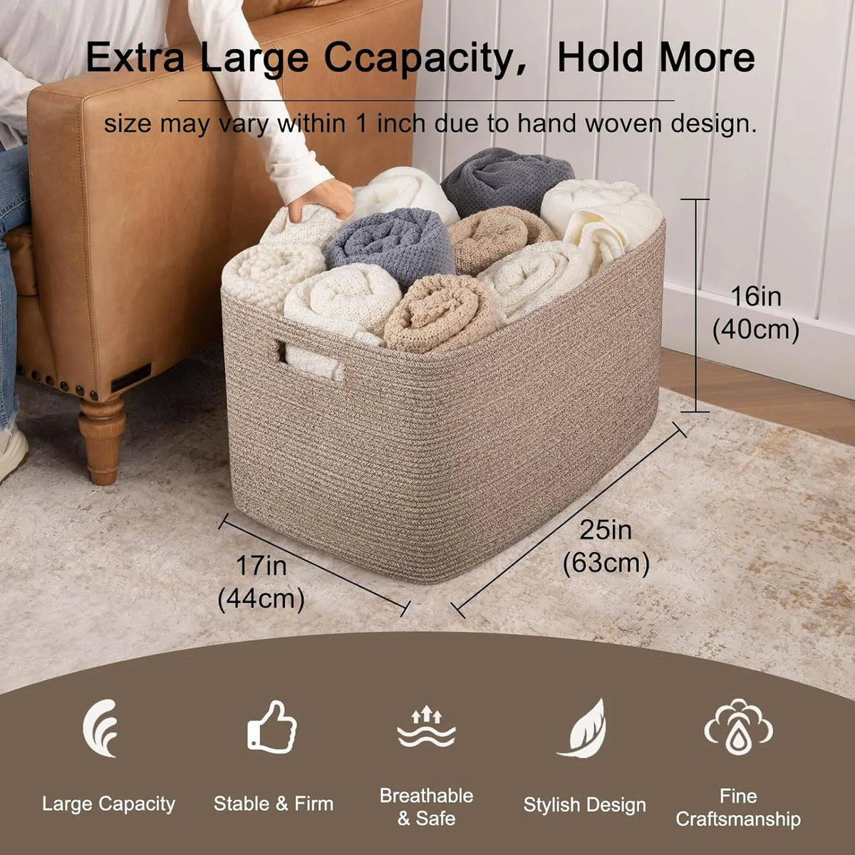 XXXLarge Cotton Rope Storage Basket, Oversized Blanket Basket, Black V9863