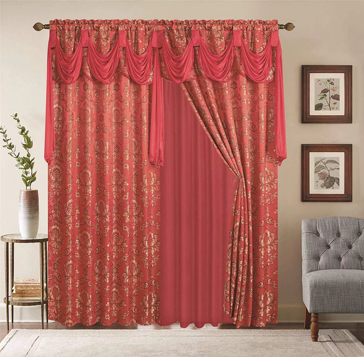 Red 2 Panel Window Curtains with Valance 112"x84" J1119