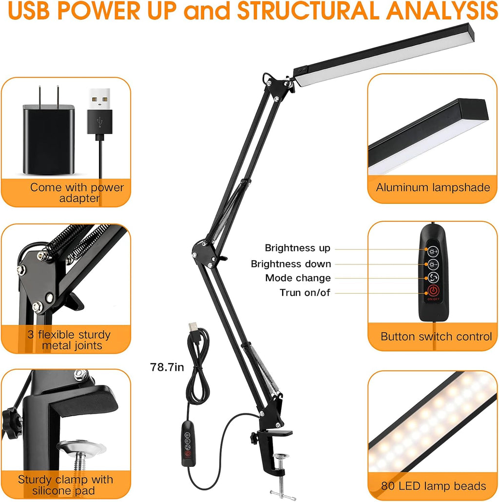 LED Desk Lamp with Clamp, 3 Modes, 30 Brightness Dimmable K4814