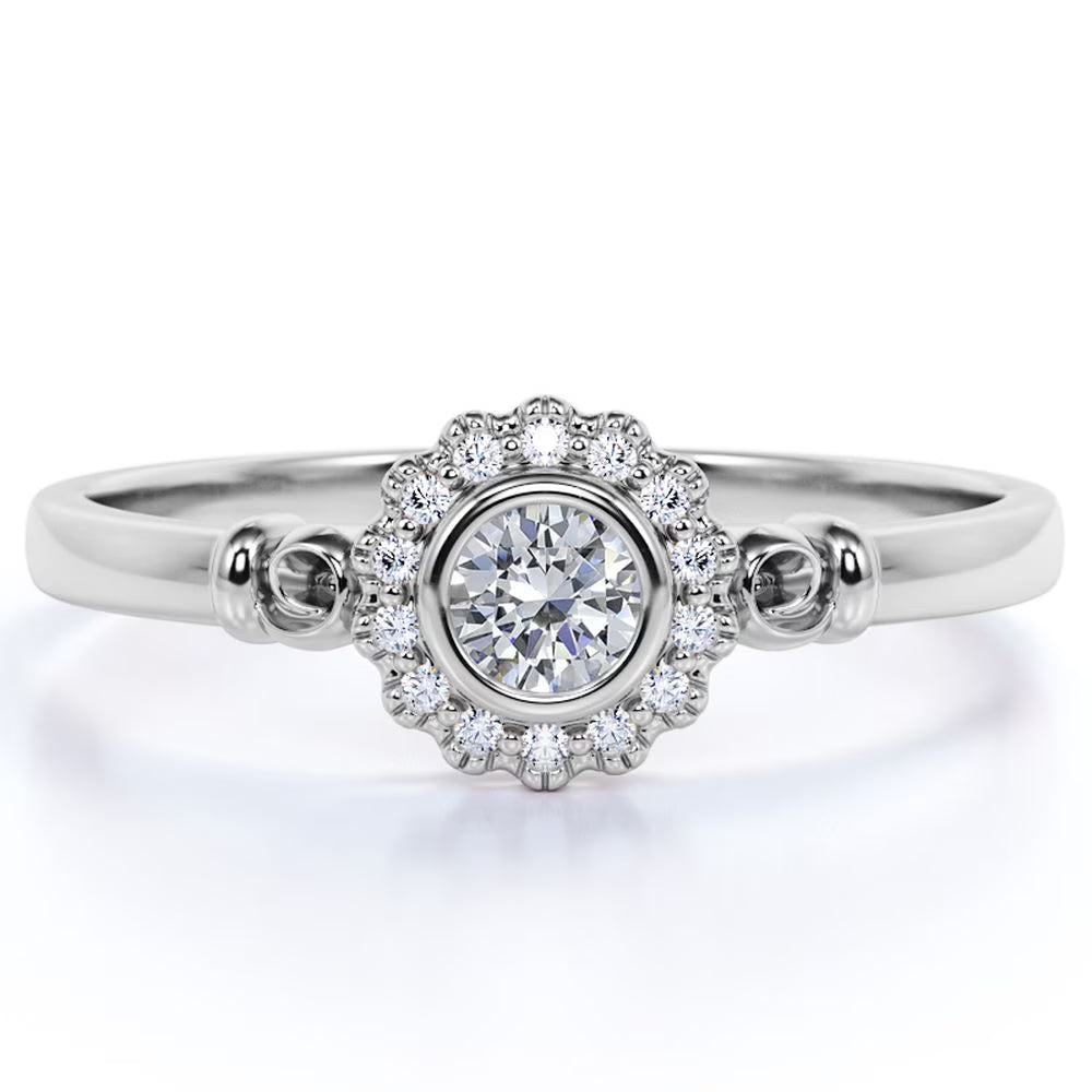 0.63 ct Bezel Set Round Cut Diamond Halo Engagement Ring in 10K White Gold F964809