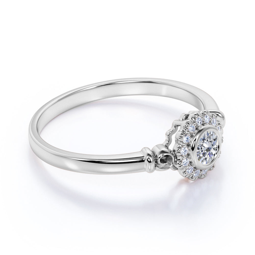 0.63 ct Bezel Set Round Cut Diamond Halo Engagement Ring in 10K White Gold F964809