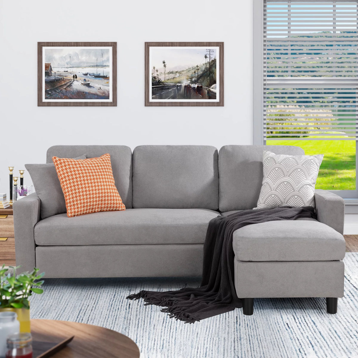 Linen Fabric Convertible L-Shaped Sectional Sofa Dark Gray Z71459