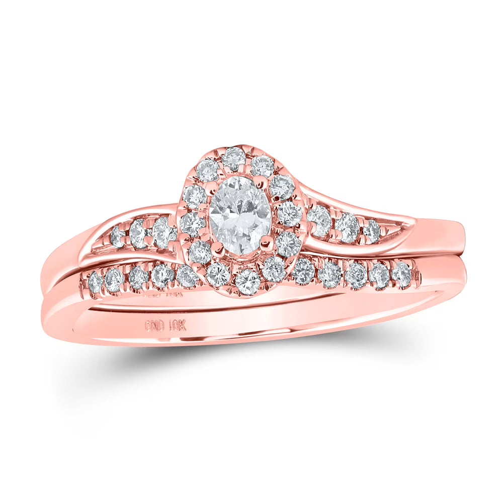 10kt Rose Gold Oval Diamond Halo Bridal Ring Set 1/3 Cttw Size 7.5 P8069